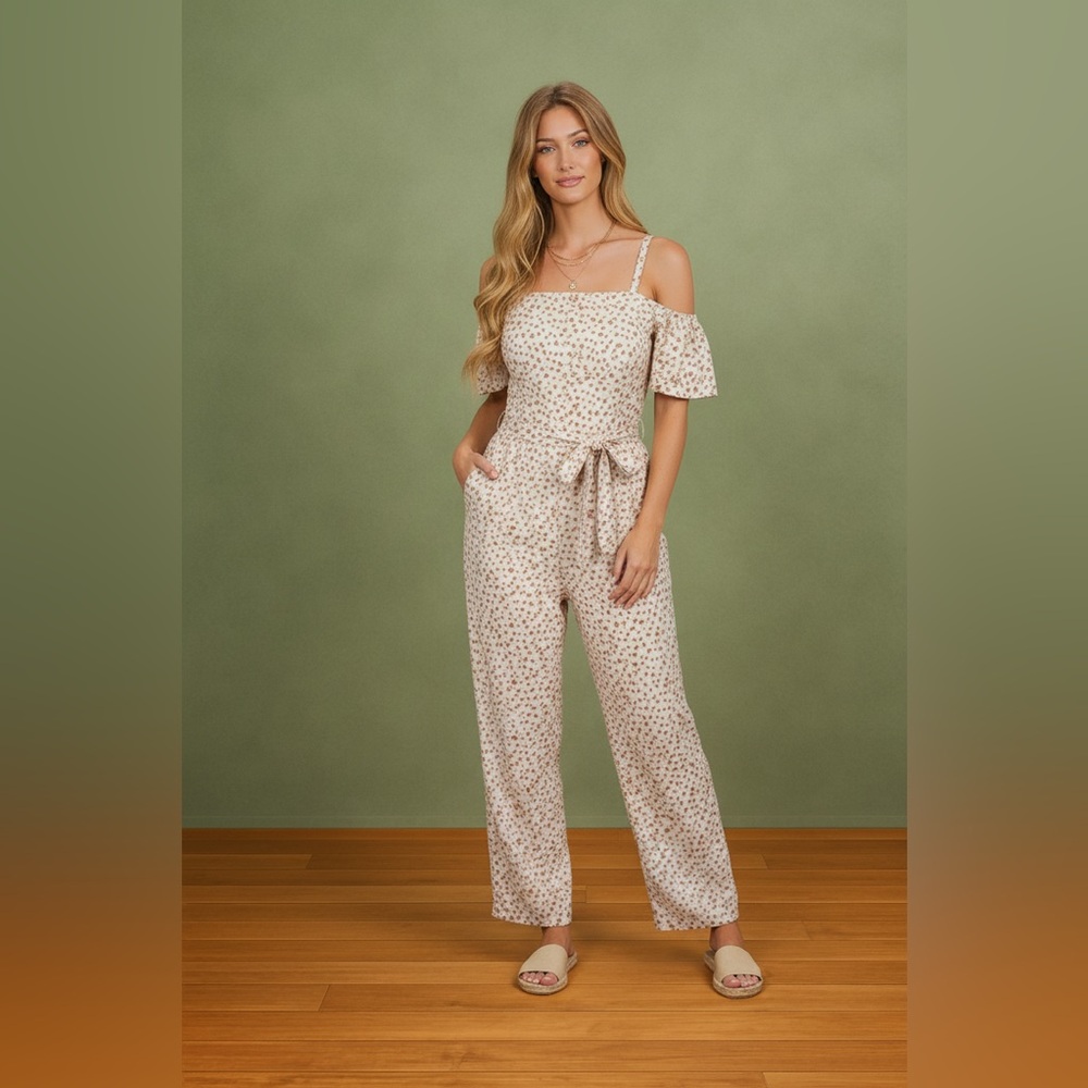 VENETIAN BLOOM OFF SHOULDER WHITE FLORAL TIE BELT JUMPSUIT - Picture 4 of 7